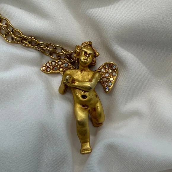 Kirk’s Folly Gold-tone Cherub Pendant Necklace with Crystal Wings - Picture 1 of 7
